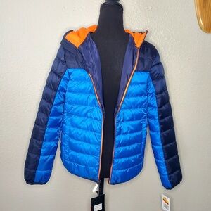 NWT Zero Xposur Boys Winter Puffer Hooded Jacket Size: 14/16 XL Blue/Navy/Org